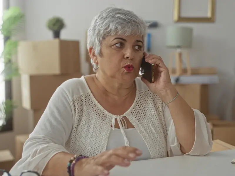 Older woman talking on a cellphone at a table.