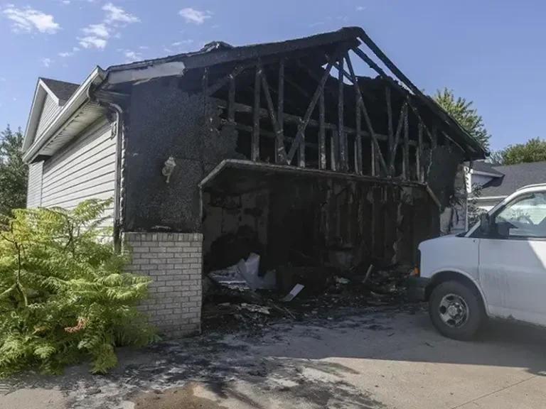 Fire-damaged garage with charred framing and debris.
