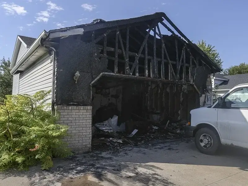 Fire-damaged garage with charred framing and debris.
