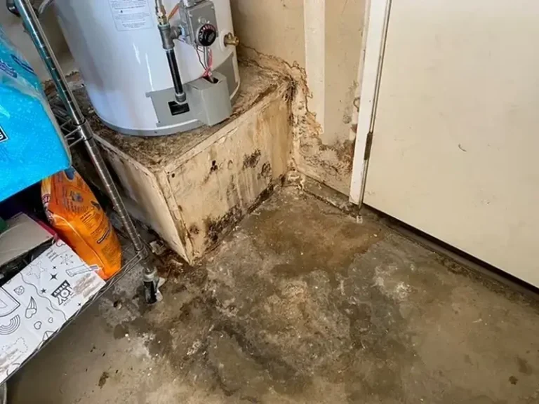 Water-damaged basement floor beside a water heater.