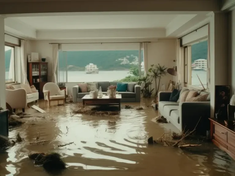 Flooded living room with muddy water and furniture inside.