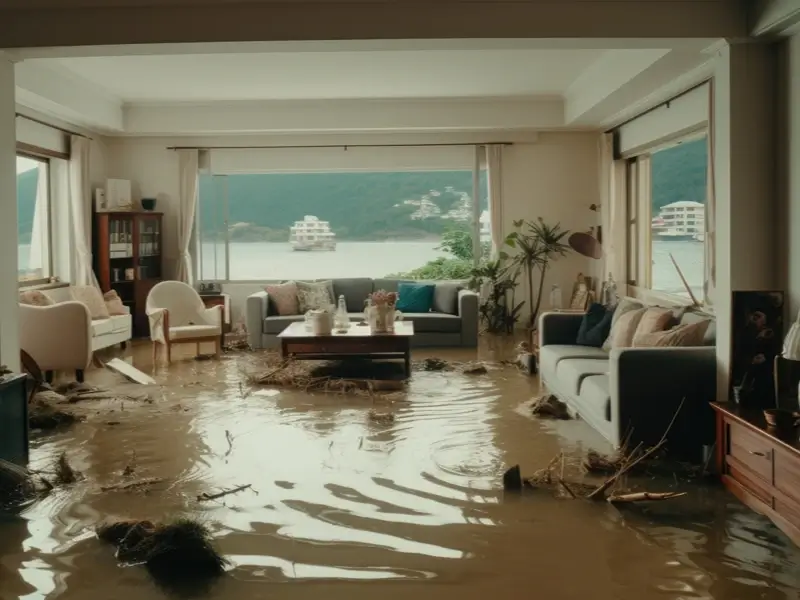 Flooded living room with muddy water and furniture inside.