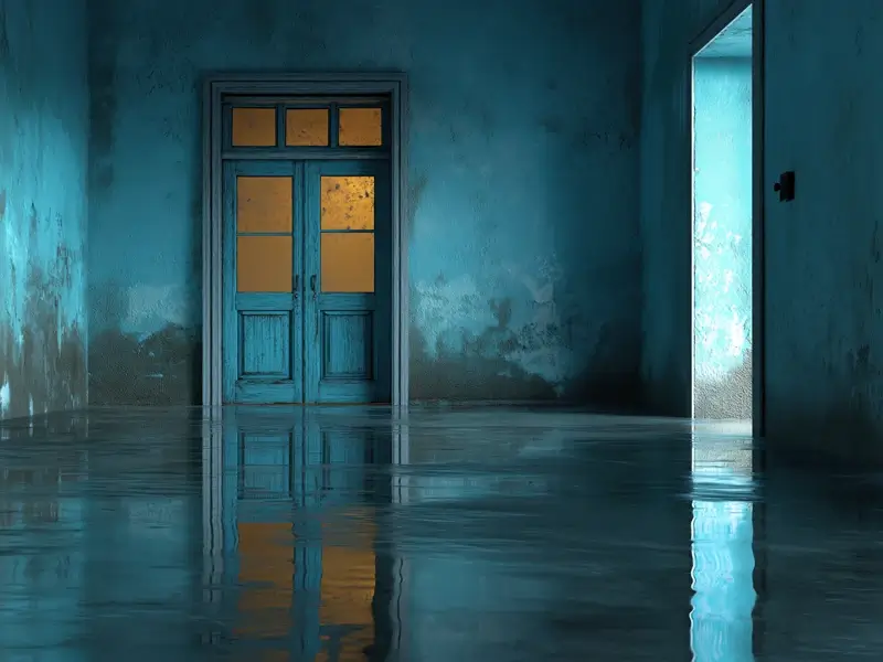 Flooded blue room with a closed door and reflections on the water.