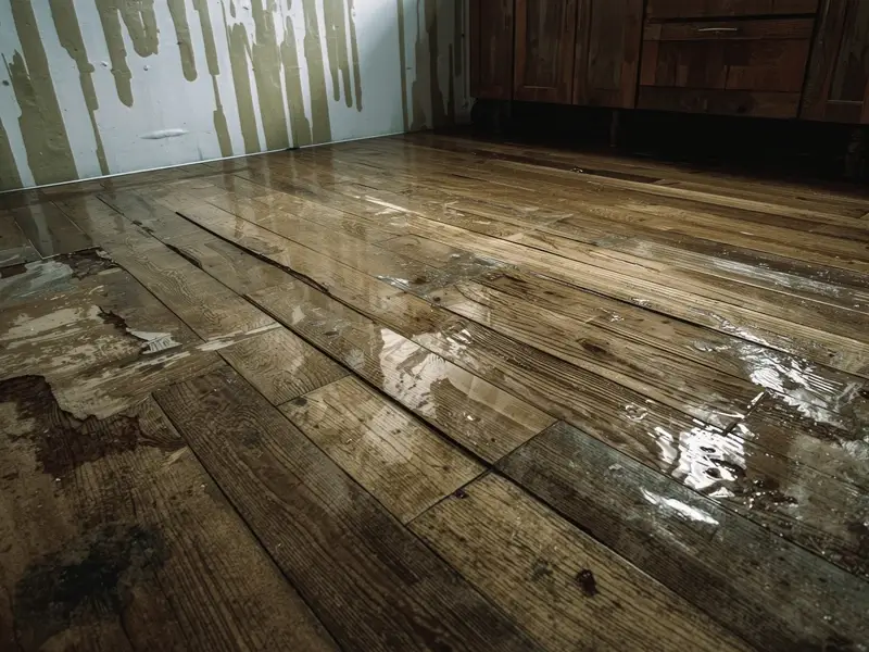 Water-damaged wooden floor with puddles and peeling wall paint.