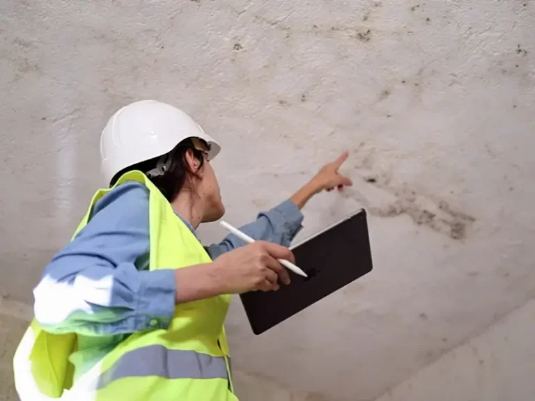 Construction worker inspecting a wall with a tablet and pointing.