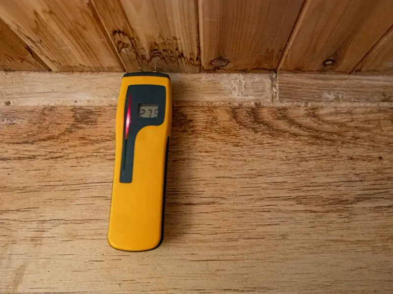 Moisture meter measuring a wooden floor near a wall.