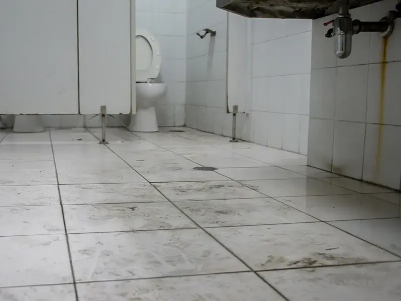 Dirty public restroom floor with a toilet and sink stalls.