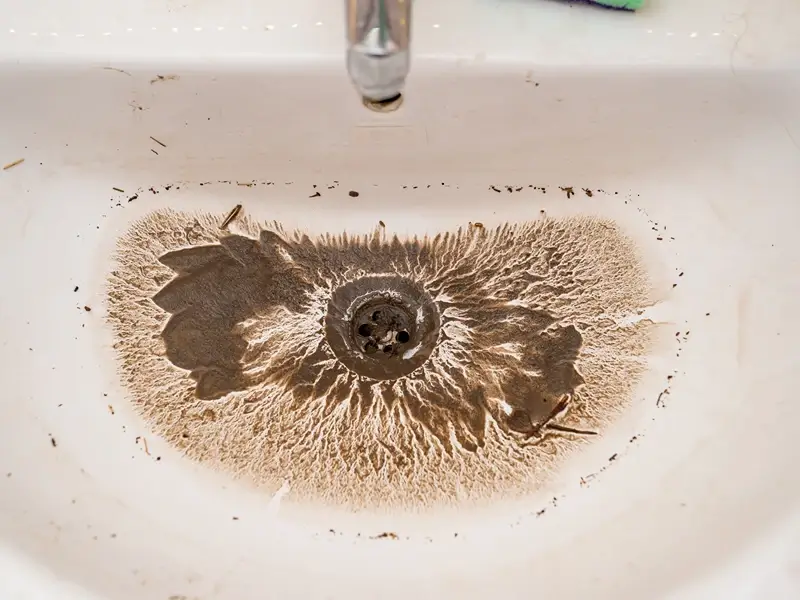 Rust-stained sink basin with a drain.
